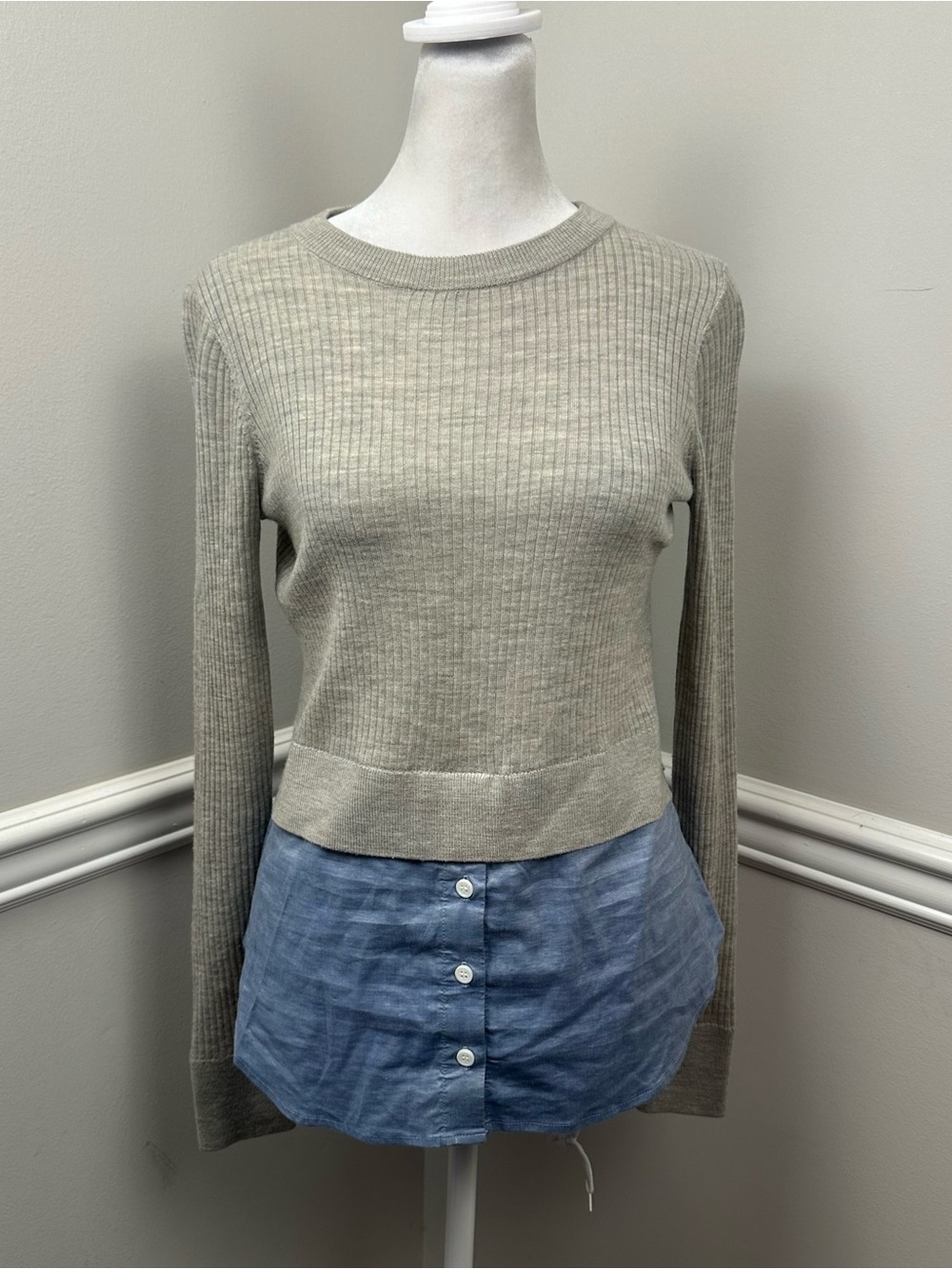 Veronica Beard Gray/ Blue Ribbed Crewneck Wool Poplin Sweater Top XS